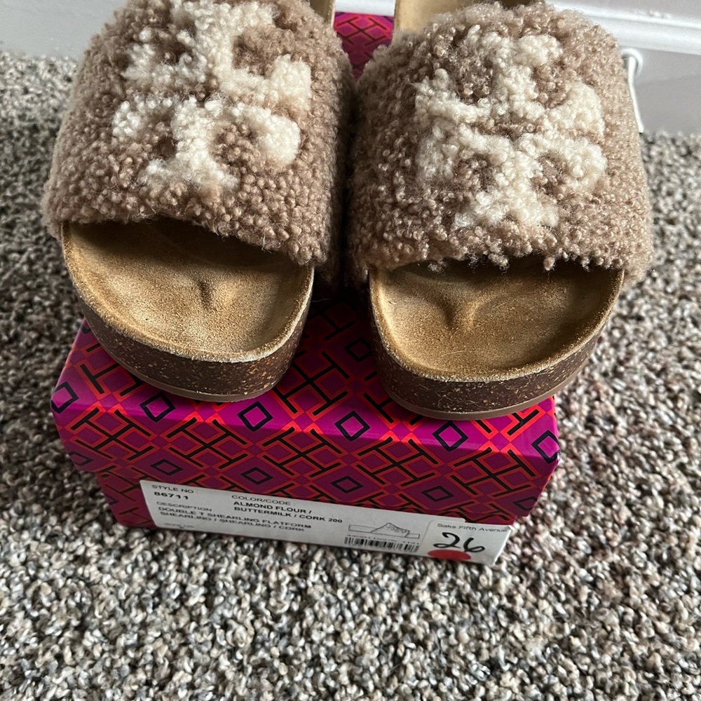 Tory Burch Double T Shearling Flatform slide 6 M